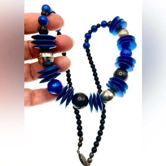 3 for $30 Vintage 1980s Blue Black and SilverTone Long Beaded Statement Necklace - Picture 6 of 7